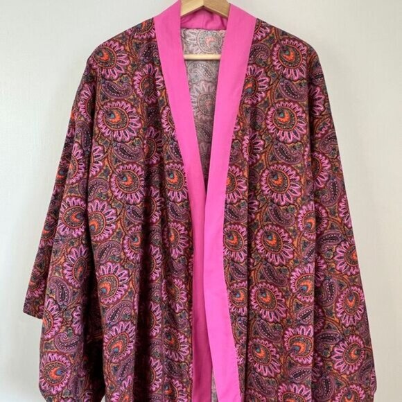 Vintage Handmade Unisex Japanese Style Pink Paisley One Size Kimono Robe - Picture 10 of 14